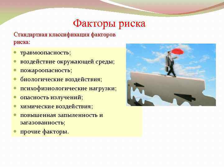 Факторы риска Стандартная классификация факторов риска: травмоопасность; воздействие окружающей среды; пожароопасность; биологические воздействия; психофизиологические
