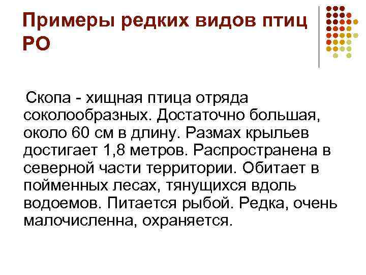 Примеры редких видов птиц РО Скопа - хищная птица отряда соколообразных. Достаточно большая, около