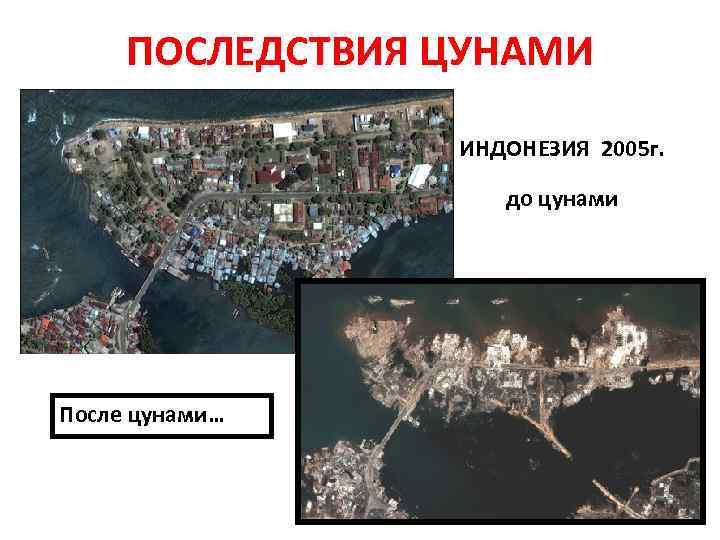 ПОСЛЕДСТВИЯ ЦУНАМИ ИНДОНЕЗИЯ 2005 г. до цунами После цунами… 