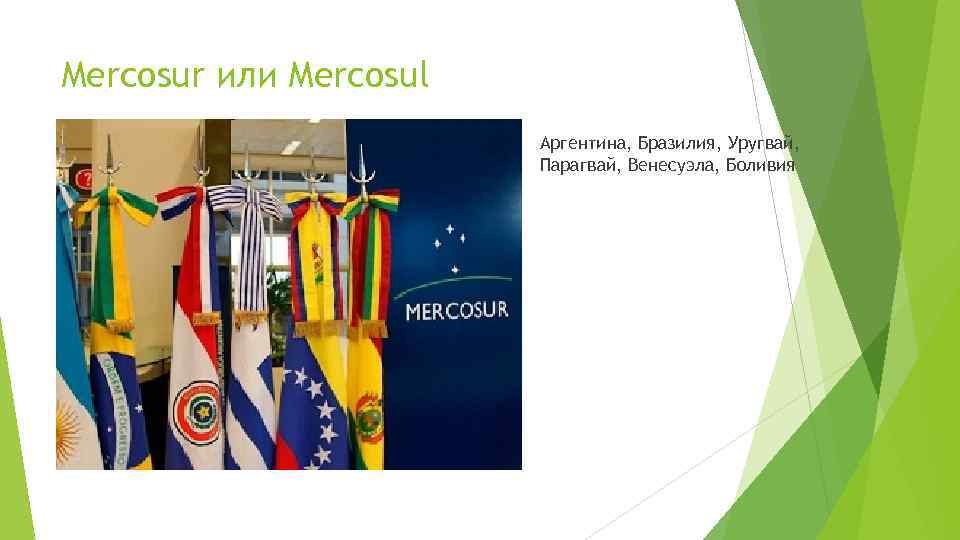 Mercosur или Mercosul Аргентина, Бразилия, Уругвай, Парагвай, Венесуэла, Боливия 