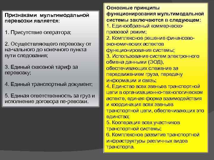 Признаками мультимодальной перевозки является: 1. Присутствие оператора; 2. Осуществляющего перевозку от на чального до