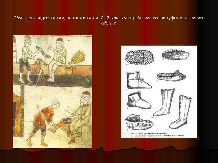Обувь трех видов: сапоги, поршни и лапти. С 12 века в употребление вошли туфли
