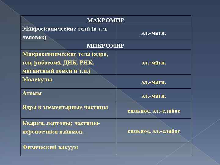 МАКРОМИР Макроскопические тела (в т. ч. человек) МИКРОМИР Микроскопические тела (ядро, ген, рибосома, ДНК,