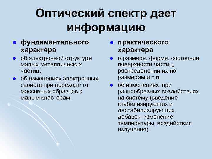 Оптический спектр дает информацию l фундаментального характера l практического характера l об электронной структуре