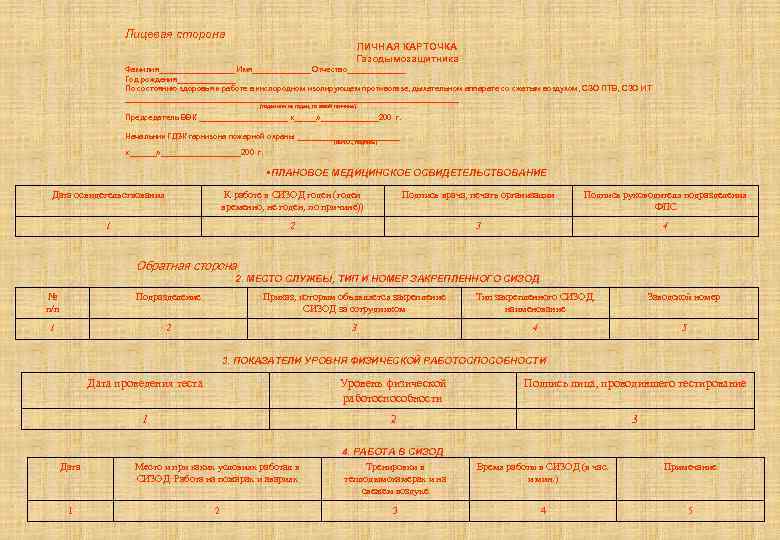 Личная карточка газодымозащитника образец