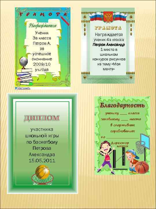 Ученик 3 а класса Петров А. за успешное окончание 2009/10 уч. года участника школьной