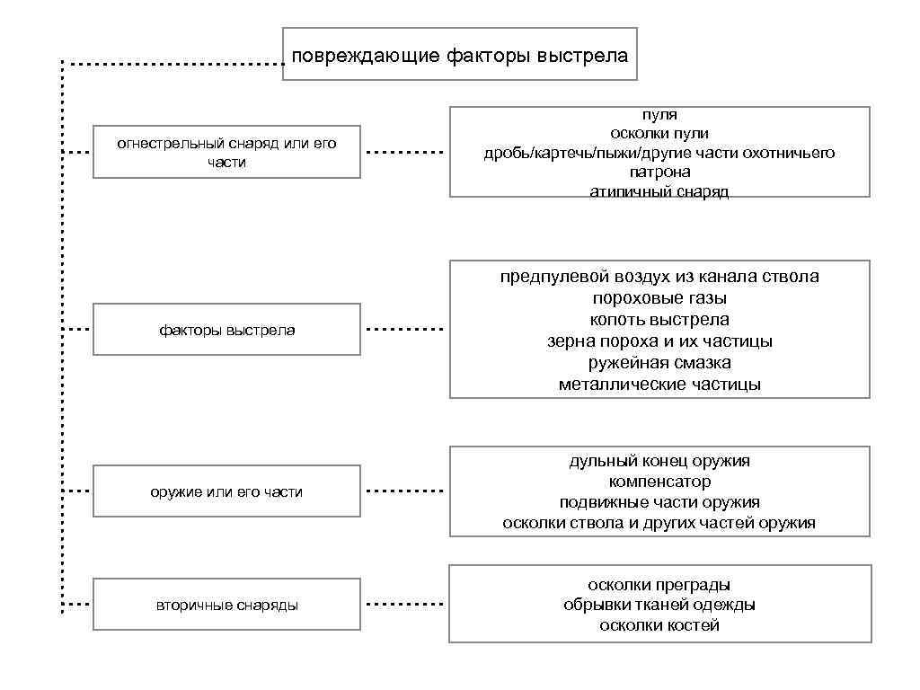 повреждающие факторы выстрела огнестрельный снаряд или его части пуля осколки пули дробь/картечь/пыжи/другие части охотничьего