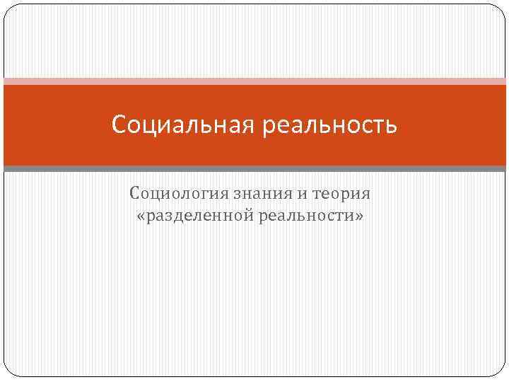 Социальная реальность Социология знания и теория «разделенной реальности» 