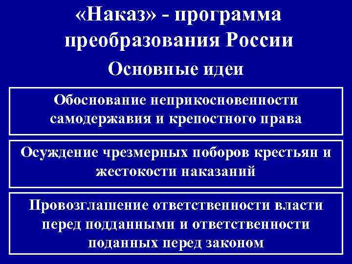  «Наказ» - программа преобразования России Основные идеи Обоснование неприкосновенности самодержавия и крепостного права