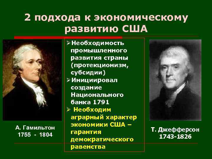 2 подхода к экономическому развитию США А. Гамильтон 1755 - 1804 ØНеобходимость промышленного развития