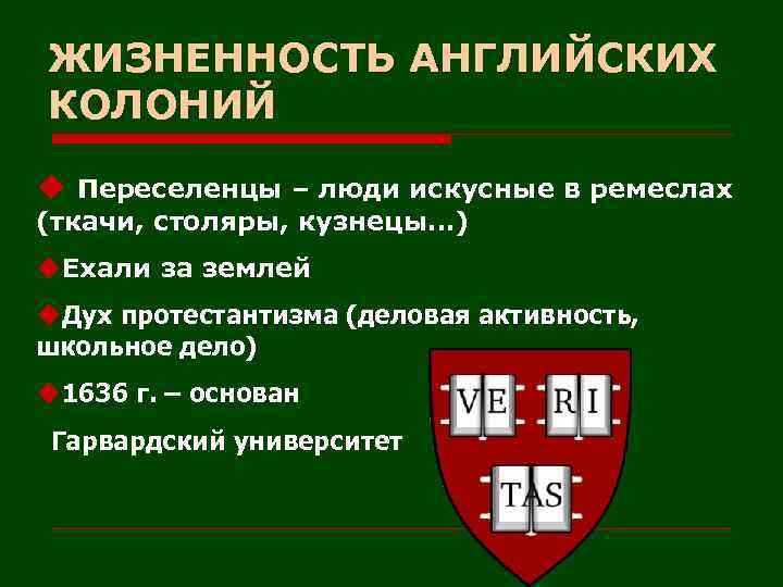 ЖИЗНЕННОСТЬ АНГЛИЙСКИХ КОЛОНИЙ u Переселенцы – люди искусные в ремеслах (ткачи, столяры, кузнецы…) u.