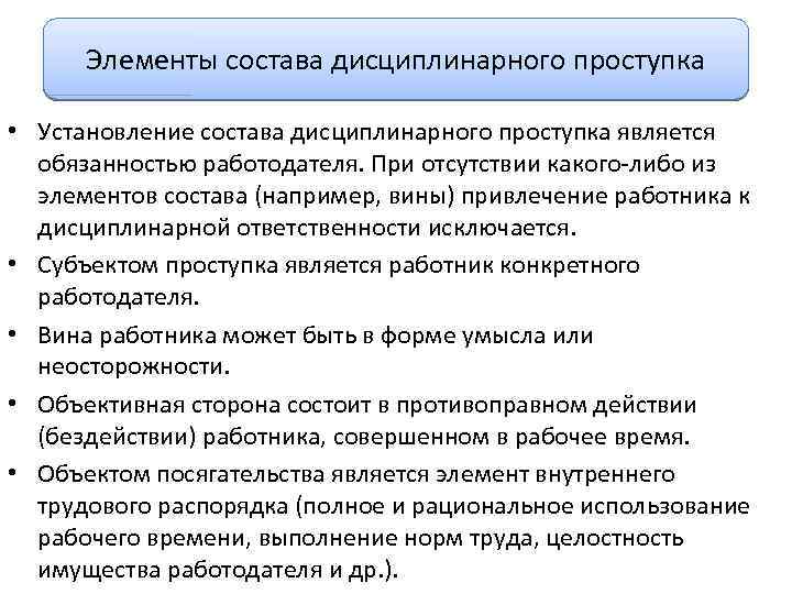 Элементы состава дисциплинарного проступка • Установление состава дисциплинарного проступка является обязанностью работодателя. При отсутствии