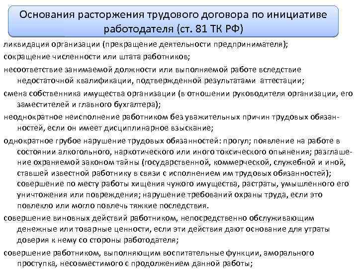 Основания расторжения трудового договора по инициативе работодателя (ст. 81 ТК РФ) ликвидация организации (прекращение