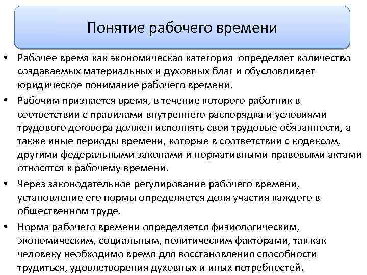 Понятие рабочего времени • Рабочее время как экономическая категория определяет количество создаваемых материальных и