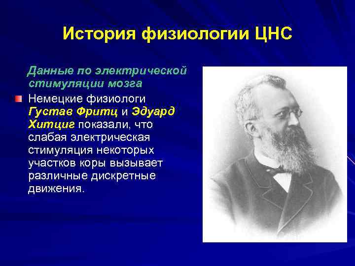 История физиологии ЦНС Данные по электрической стимуляции мозга Немецкие физиологи Густав Фритц и Эдуард