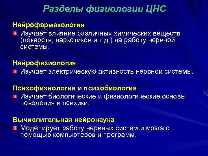 Разделы физиологии ЦНС Нейрофармакология Изучает влияние различных химических веществ (лекарств, наркотиков и т. д.