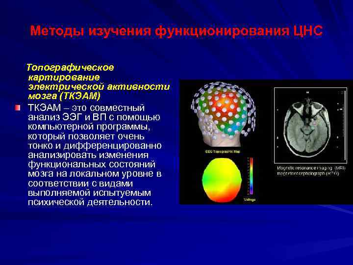 Методы изучения функционирования ЦНС Топографическое картирование электрической активности мозга (ТКЭАМ) ТКЭАМ – это совместный