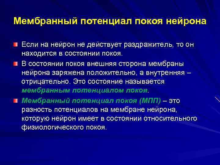 Мембранный потенциал покоя нейрона Если на нейрон не действует раздражитель, то он находится в