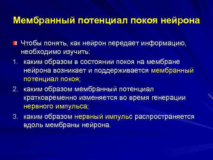Мембранный потенциал покоя нейрона Чтобы понять, как нейрон передает информацию, необходимо изучить: 1. каким