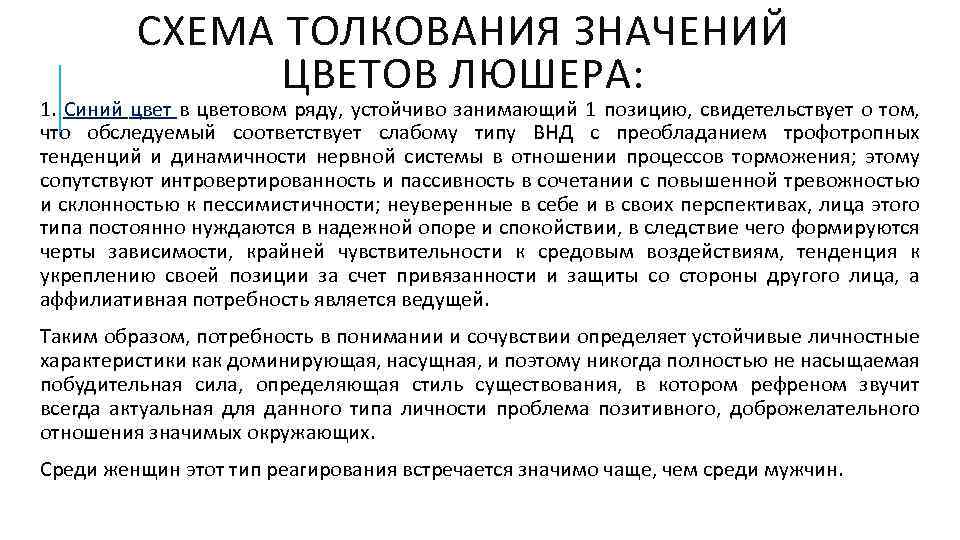 СХЕМА ТОЛКОВАНИЯ ЗНАЧЕНИЙ ЦВЕТОВ ЛЮШЕРА: 1. Синий цвет в цветовом ряду, устойчиво занимающий 1