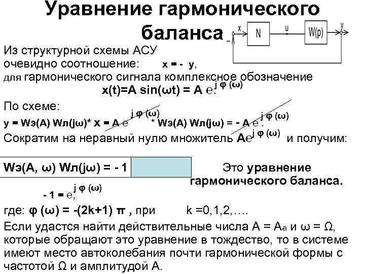 Уравнение гармонического баланса Из структурной схемы АСУ очевидно соотношение: x = - y, для