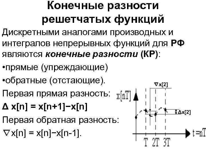 Конечные разности решетчатых функций Дискретными аналогами производных и интегралов непрерывных функций для РФ являются