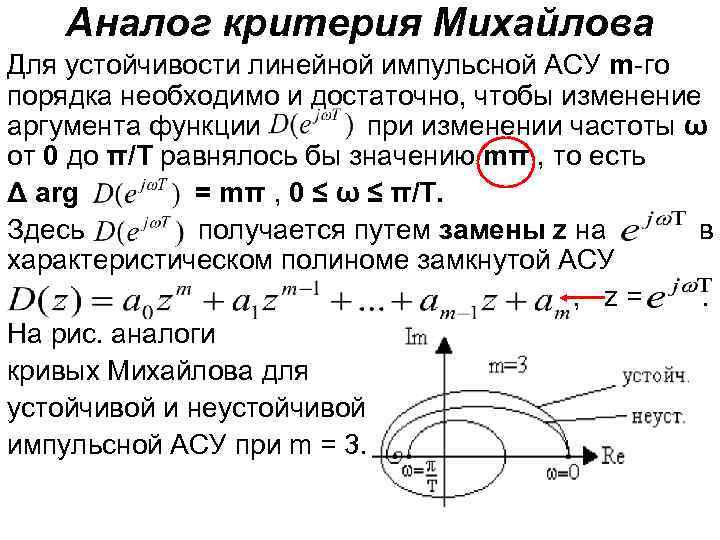 Аналог критерия Михайлова Для устойчивости линейной импульсной АСУ m-го порядка необходимо и достаточно, чтобы