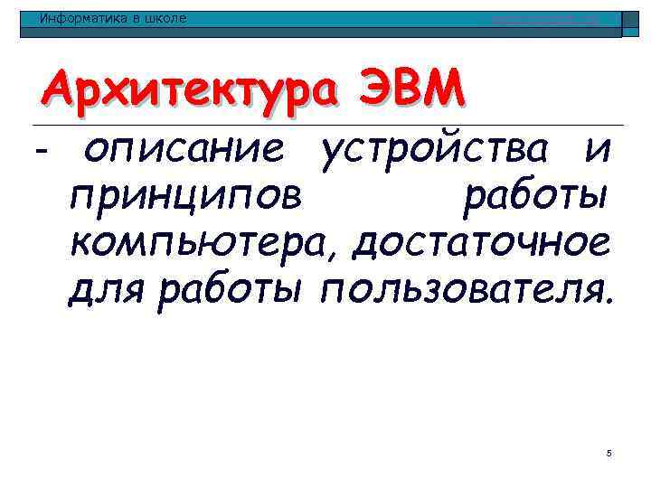 Информатика в школе www. klyaksa. net Архитектура ЭВМ - описание устройства и принципов работы