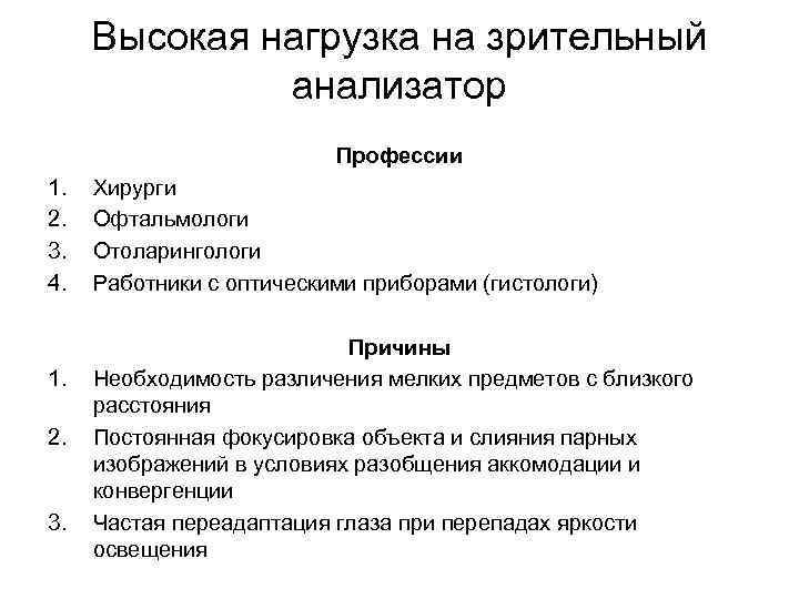 Высокая нагрузка на зрительный анализатор Профессии 1. 2. 3. 4. 1. 2. 3. Хирурги
