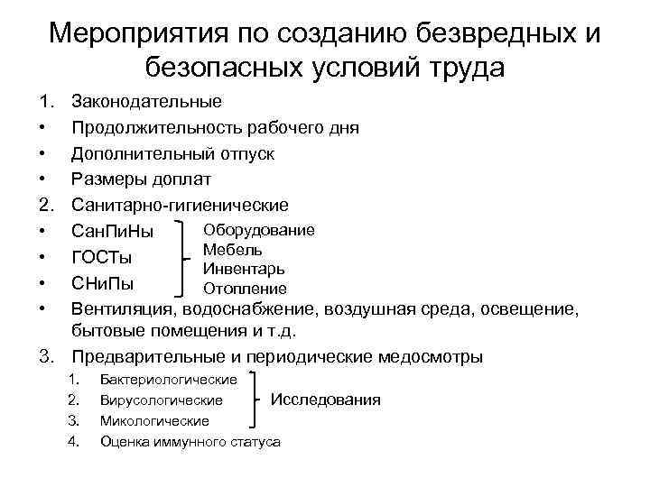 Мероприятия по созданию безвредных и безопасных условий труда 1. • • • 2. •