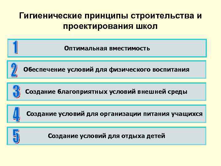 Гигиенические принципы строительства и проектирования школ Оптимальная вместимость Обеспечение условий для физического воспитания Создание