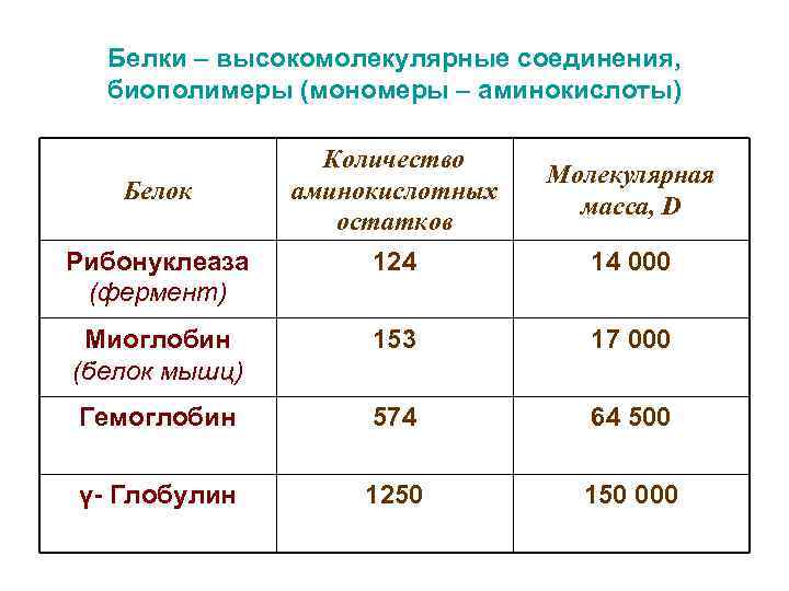 Белки – высокомолекулярные соединения, биополимеры (мономеры – аминокислоты) Количество аминокислотных остатков Молекулярная масса, D