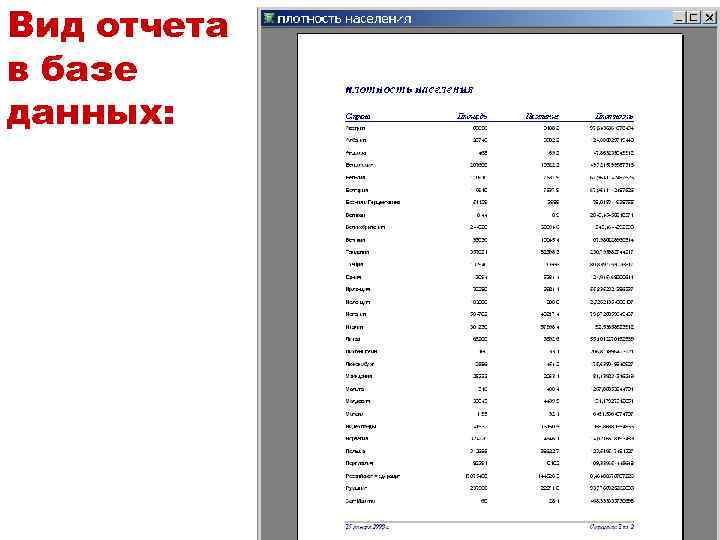 Вид отчета в базе данных: 