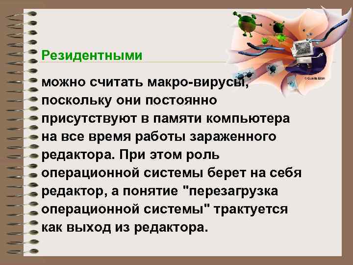 Резидентными можно считать макро-вирусы, поскольку они постоянно присутствуют в памяти компьютера на все время