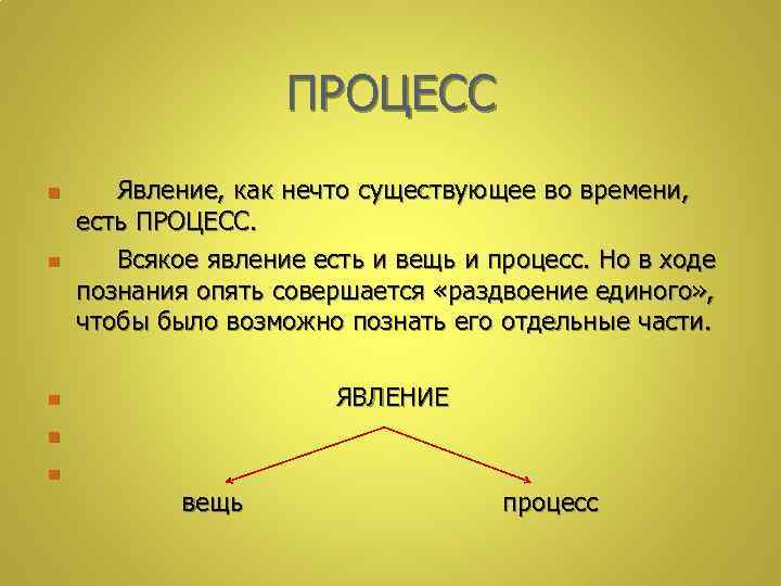 ПРОЦЕСС n n Явление, как нечто существующее во времени, есть ПРОЦЕСС. Всякое явление есть