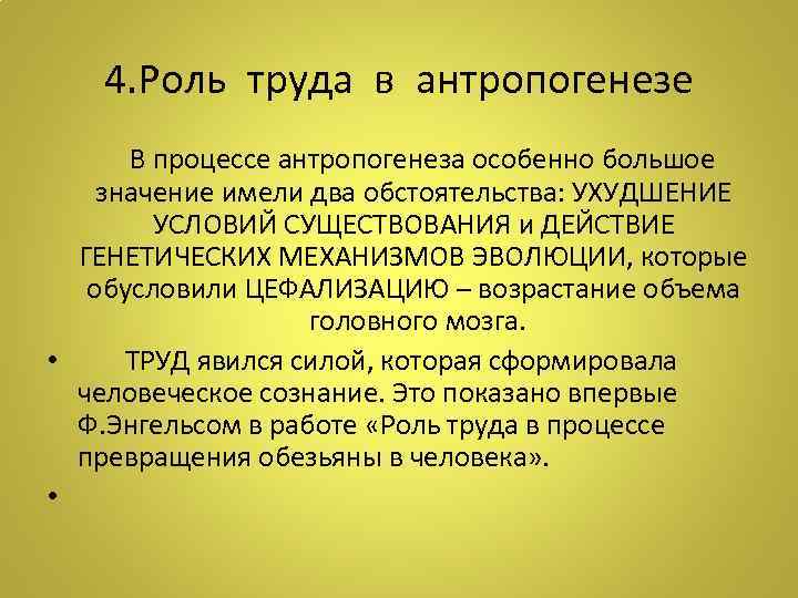 4. Роль труда в антропогенезе В процессе антропогенеза особенно большое значение имели два обстоятельства: