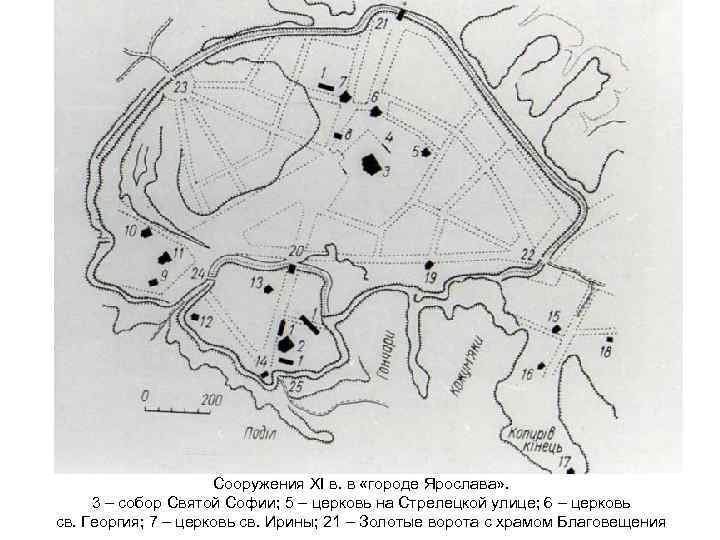 Сооружения XI в. в «городе Ярослава» . 3 – собор Святой Софии; 5 –