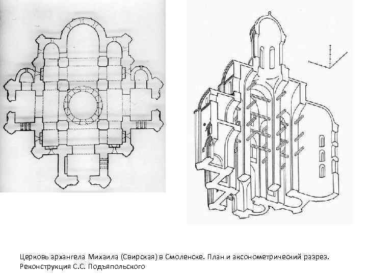 Церковь архангела Михаила (Свирская) в Смоленске. План и аксонометрический разрез. Реконструкция С. С. Подъяпольского