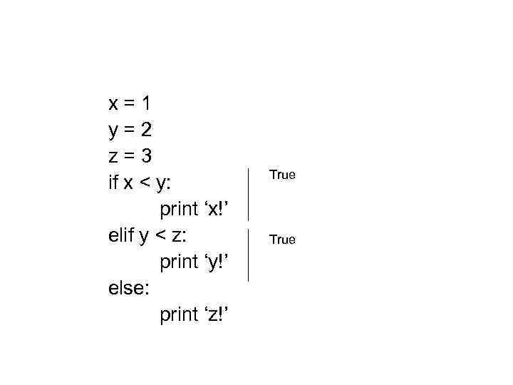 x=1 y=2 z=3 if x < y: print ‘x!’ elif y < z: print