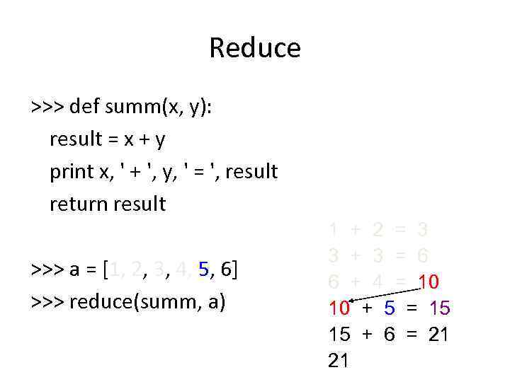 Reduce >>> def summ(x, y): result = x + y print x, ' +