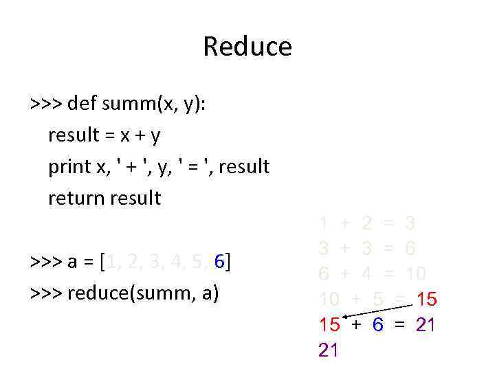 Reduce >>> def summ(x, y): result = x + y print x, ' +