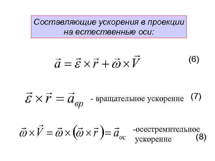 Составляющие ускорения в проекции на естественные оси: (6) - вращательное ускорение (7) -осестремительное (8)