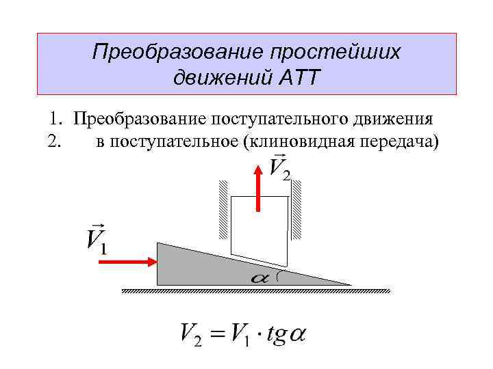 Преобразование простейших движений АТТ 1. Преобразование поступательного движения 2. в поступательное (клиновидная передача) 