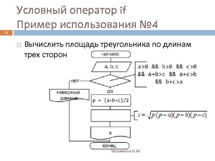 12 Условный оператор if Пример использования № 4 Вычислить площадь треугольника по длинам трех