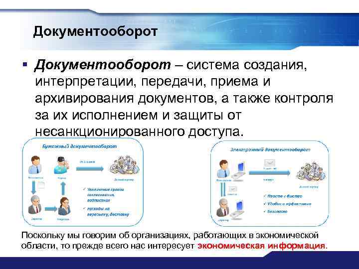 Документооборот § Документооборот – система создания, интерпретации, передачи, приема и архивирования документов, а также