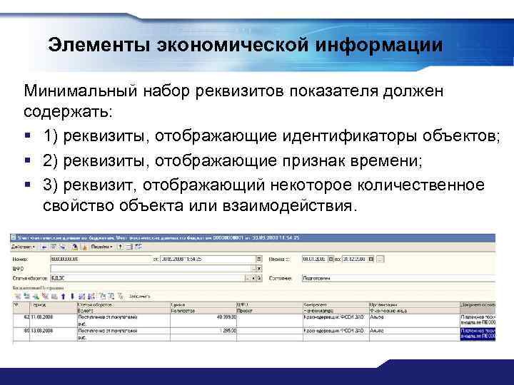 Элементы экономической информации Минимальный набор реквизитов показателя должен содержать: § 1) реквизиты, отображающие идентификаторы