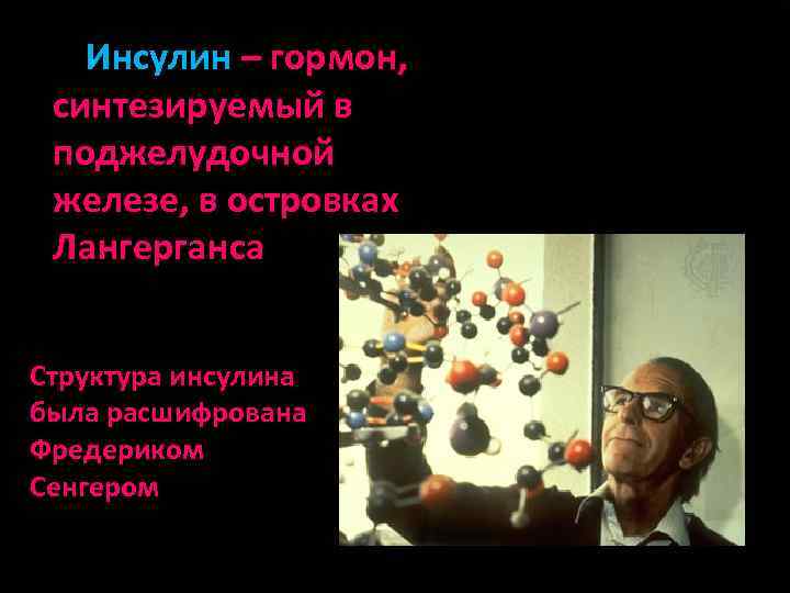 Инсулин – гормон, синтезируемый в поджелудочной железе, в островках Лангерганса Структура инсулина была расшифрована