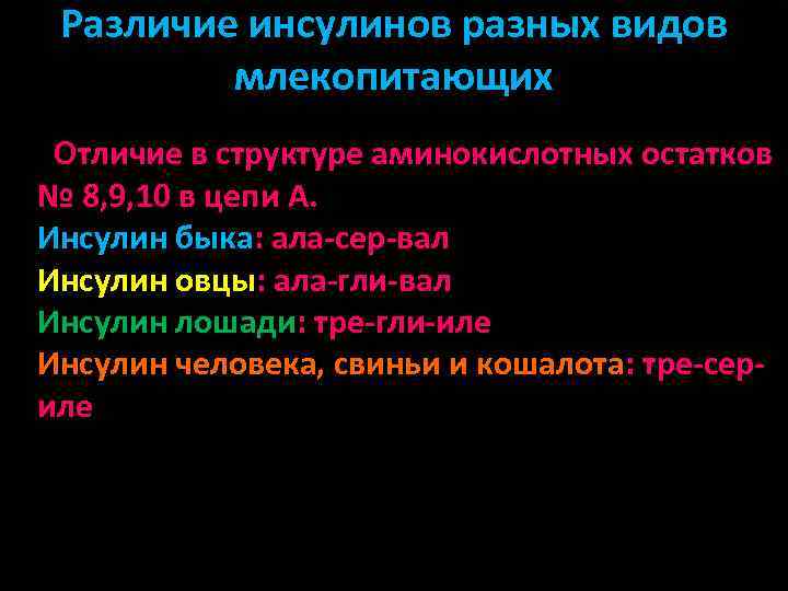 Различие инсулинов разных видов млекопитающих Отличие в структуре аминокислотных остатков № 8, 9, 10