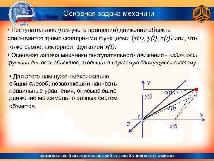 Основная задача механики • Поступательное (без учета вращения) движение объекта описывается тремя скалярными функциями