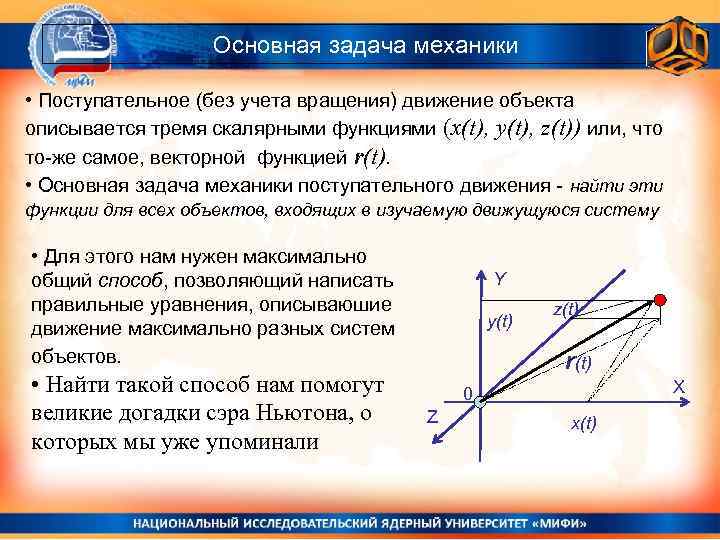 Основная задача механики • Поступательное (без учета вращения) движение объекта описывается тремя скалярными функциями